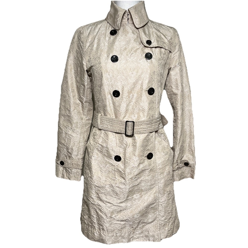 Martin + Osa Damask Beige Belted Double Breasted Trench Raincoat Size S